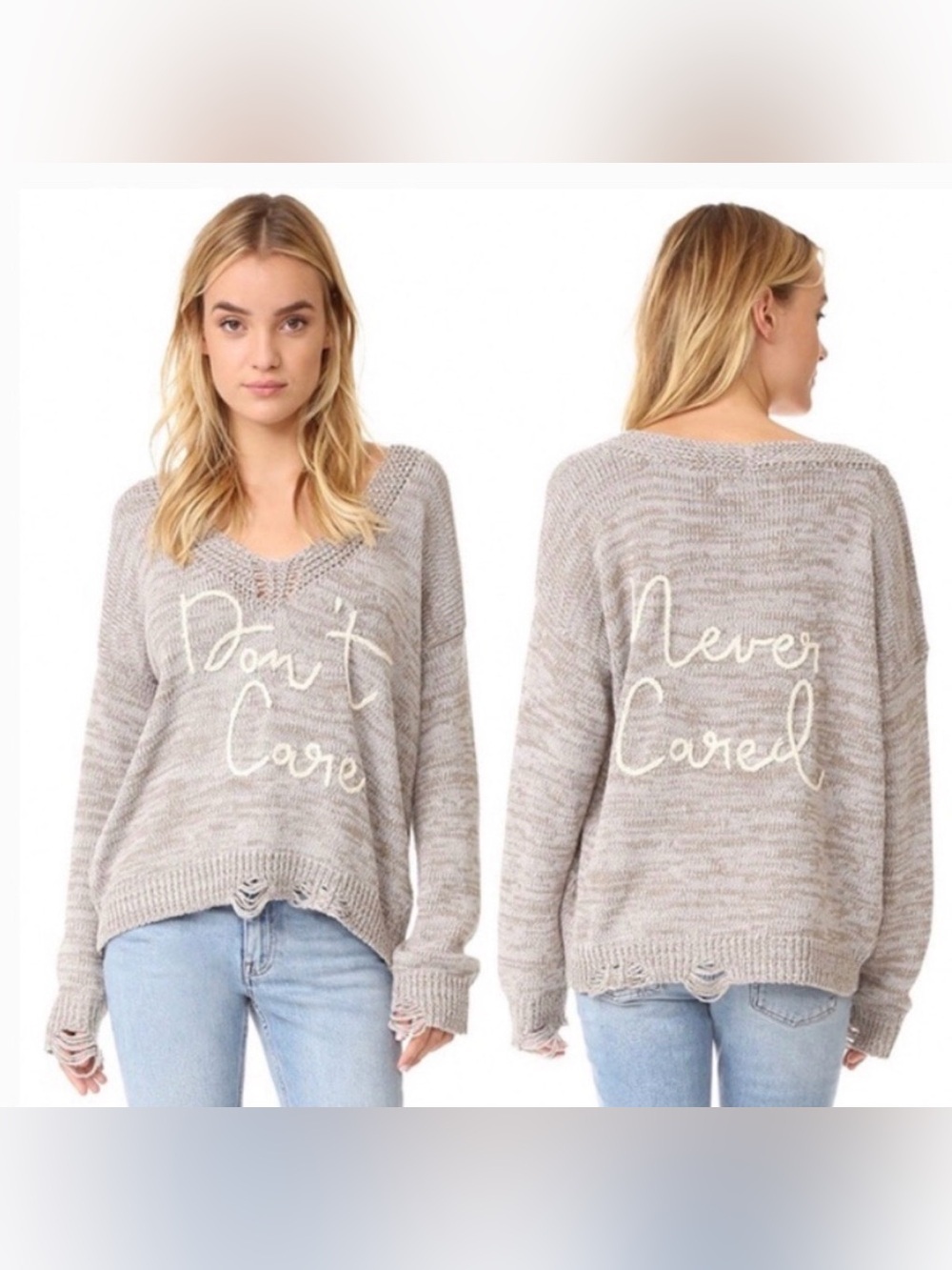 Wildfox Gray Beige Don’t Care Never Cared Distressed Sweater M